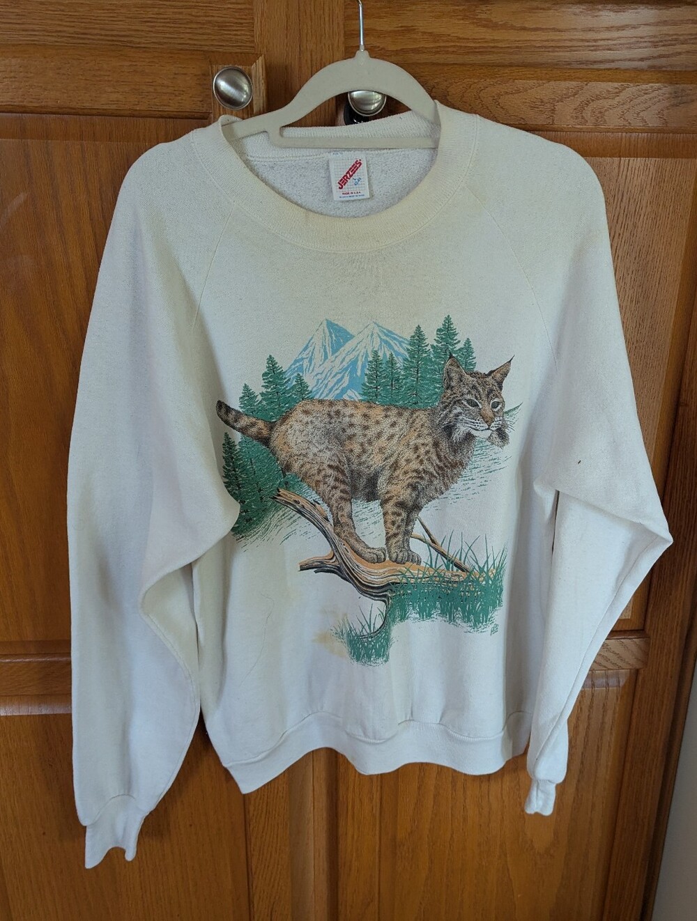 Vintage 80s 1989 Bobcat Forrest White Green Sweatshirt Men size L Jerzees